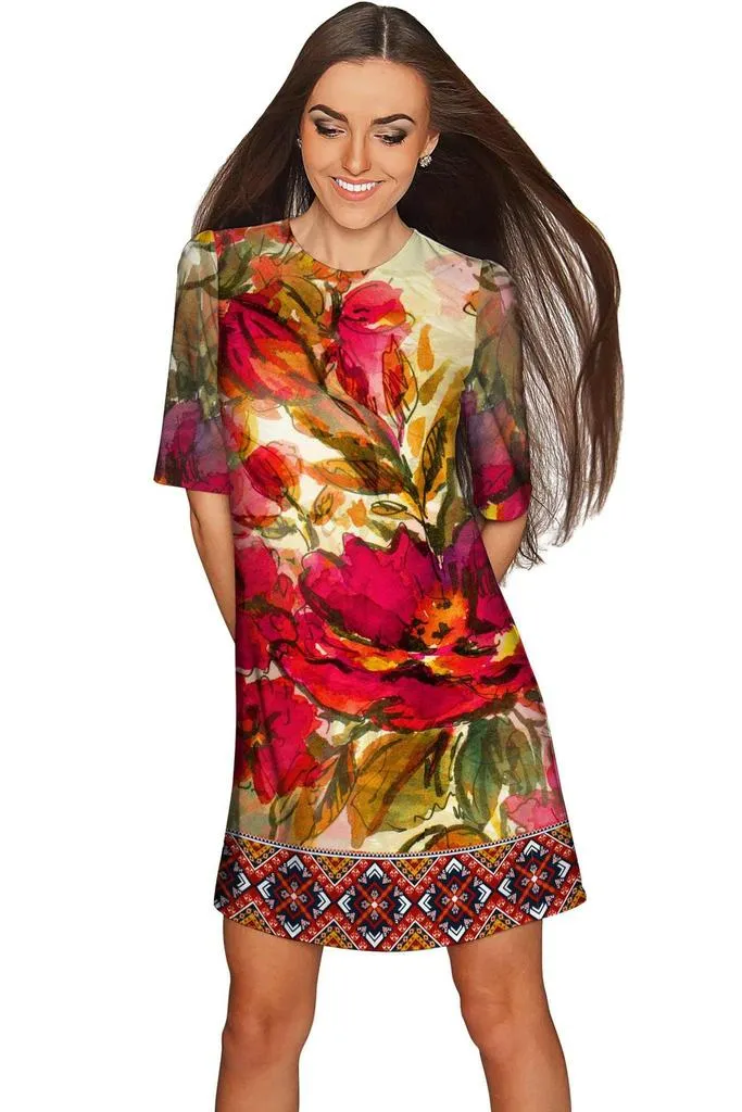 SAMPLE SALE - Free Spirit Grace Floral Red Boho Fall Shift Dress - Women