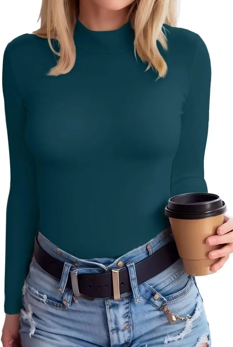 SANDERY Long Sleeve Shirts for Women Casual Mock Turtleneck Shirts Basic Ribbed Slim Fitted Cute Blouse