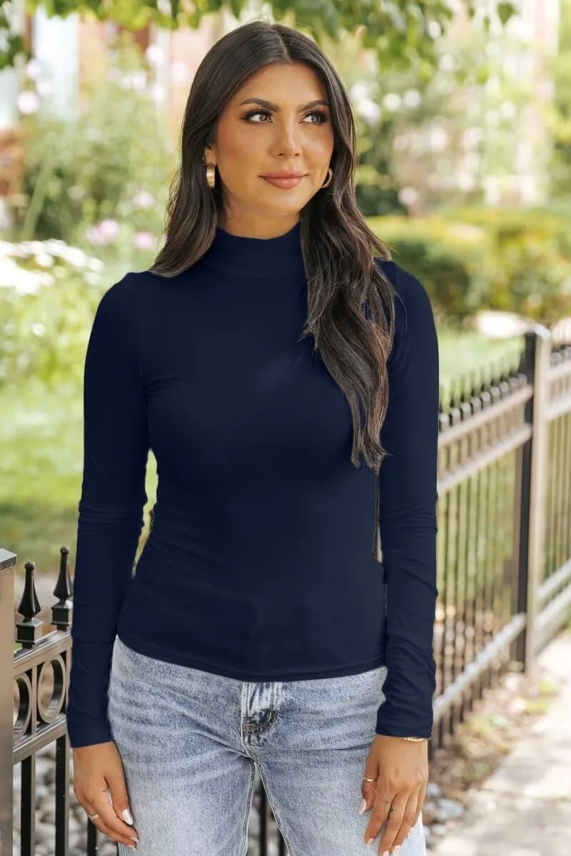 SANDERY Long Sleeve Shirts for Women Casual Mock Turtleneck Shirts Basic Ribbed Slim Fitted Cute Blouse