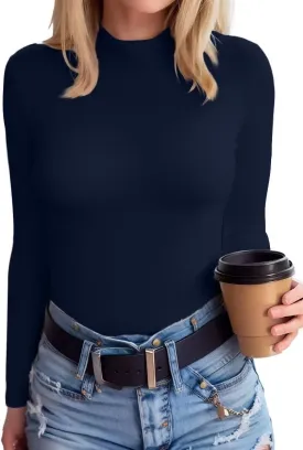 SANDERY Long Sleeve Shirts for Women Casual Mock Turtleneck Shirts Basic Ribbed Slim Fitted Cute Blouse