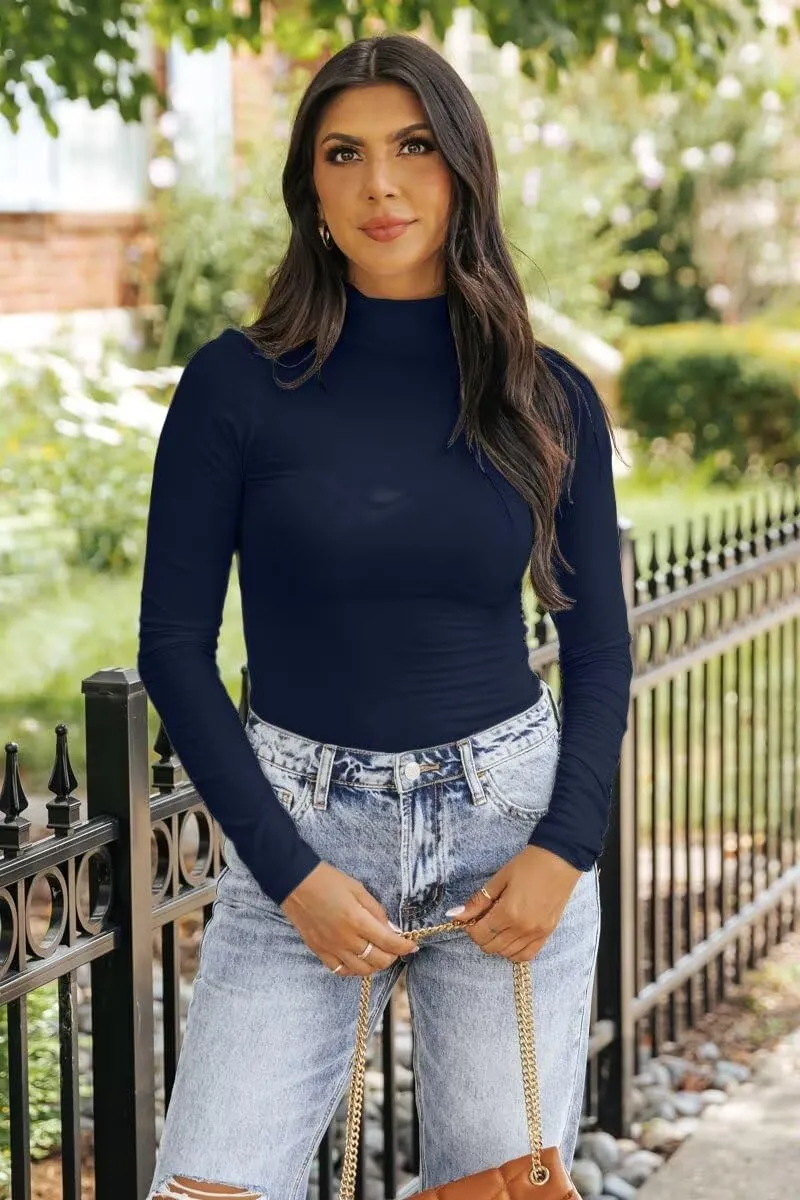 SANDERY Long Sleeve Shirts for Women Casual Mock Turtleneck Shirts Basic Ribbed Slim Fitted Cute Blouse