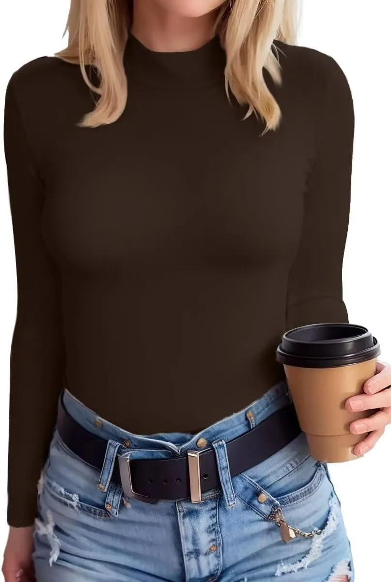 SANDERY Long Sleeve Shirts for Women Casual Mock Turtleneck Shirts Basic Ribbed Slim Fitted Cute Blouse