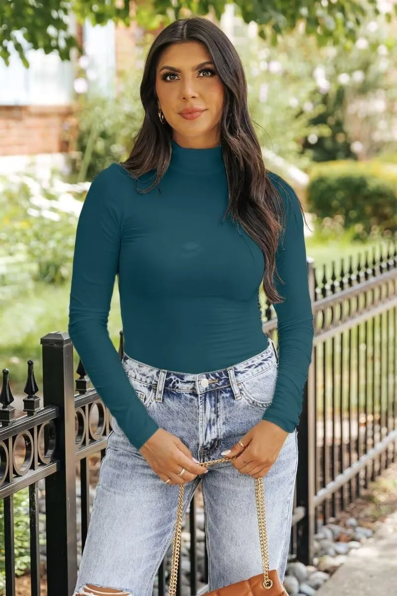 SANDERY Long Sleeve Shirts for Women Casual Mock Turtleneck Shirts Basic Ribbed Slim Fitted Cute Blouse