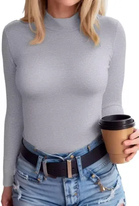 SANDERY Long Sleeve Shirts for Women Casual Mock Turtleneck Shirts Basic Ribbed Slim Fitted Cute Blouse