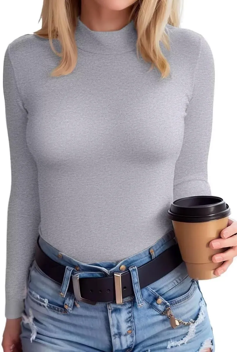 SANDERY Long Sleeve Shirts for Women Casual Mock Turtleneck Shirts Basic Ribbed Slim Fitted Cute Blouse