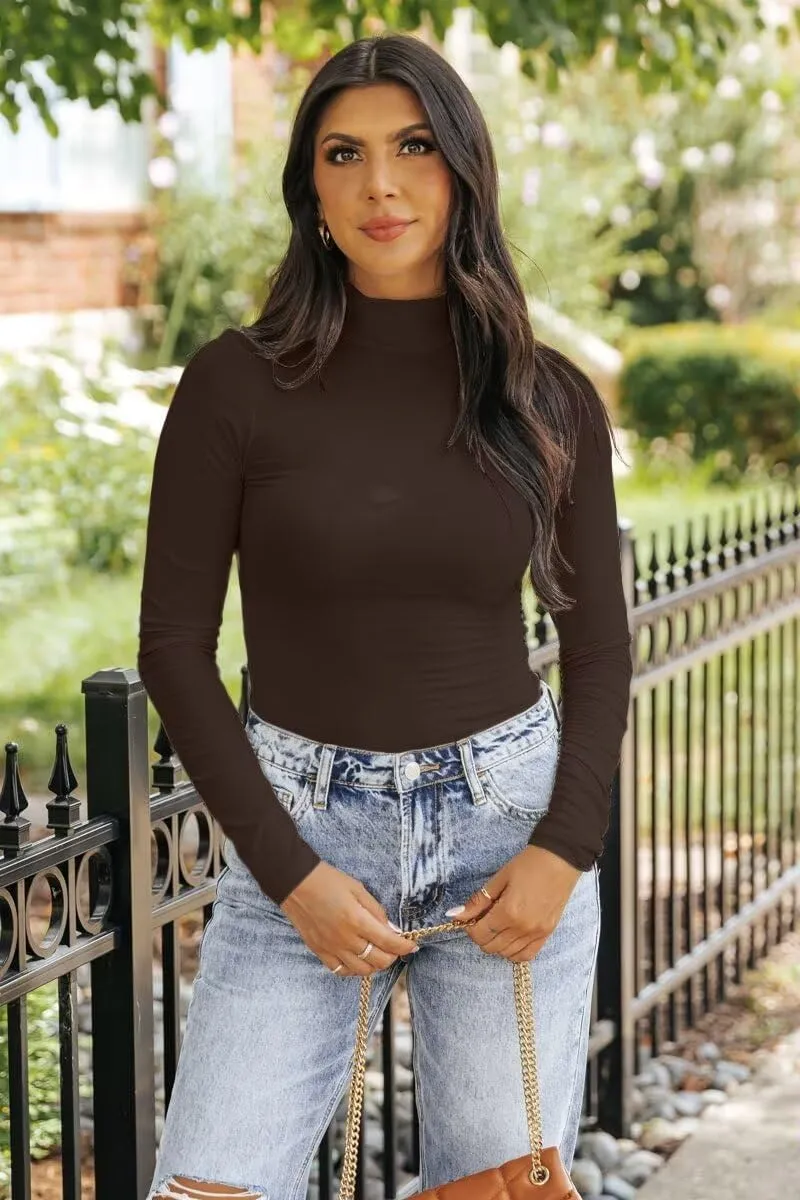 SANDERY Long Sleeve Shirts for Women Casual Mock Turtleneck Shirts Basic Ribbed Slim Fitted Cute Blouse