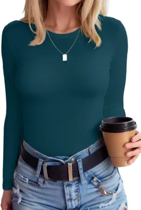 SANDERY Womens Round Neck Long/Short Sleeve Shirts Ribbed Casual Slim Fitted Tops Blouses