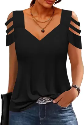 SAUKOLE Summer Women Cold Shoulder Tops Casual Loose Hollow Out Short Sleeve T Shirt Sexy V Neck Tops Blouses