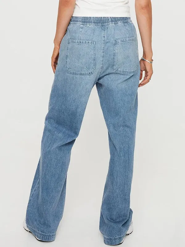 Simple distressed elastic waist straight leg Mom Jeans