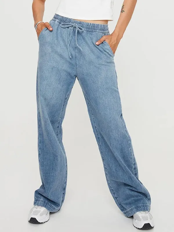 Simple distressed elastic waist straight leg Mom Jeans