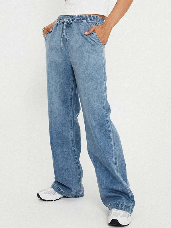 Simple distressed elastic waist straight leg Mom Jeans