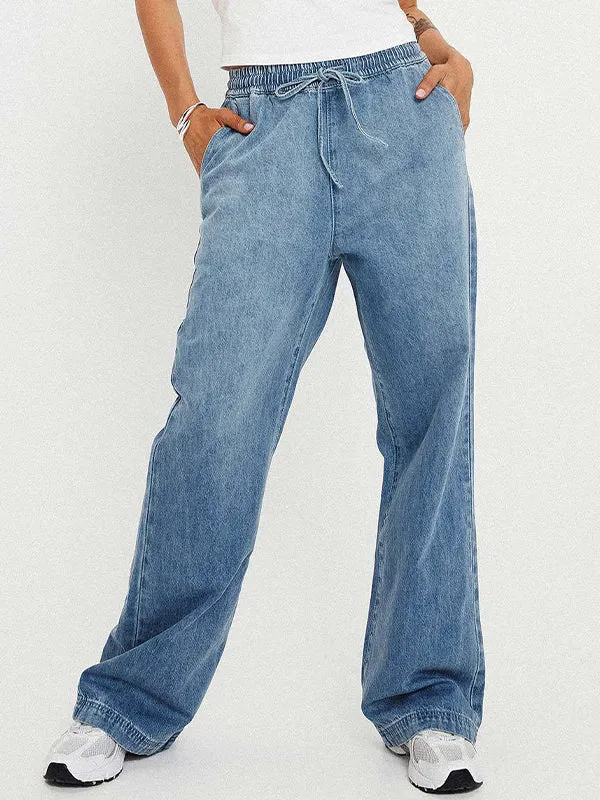 Simple distressed elastic waist straight leg Mom Jeans