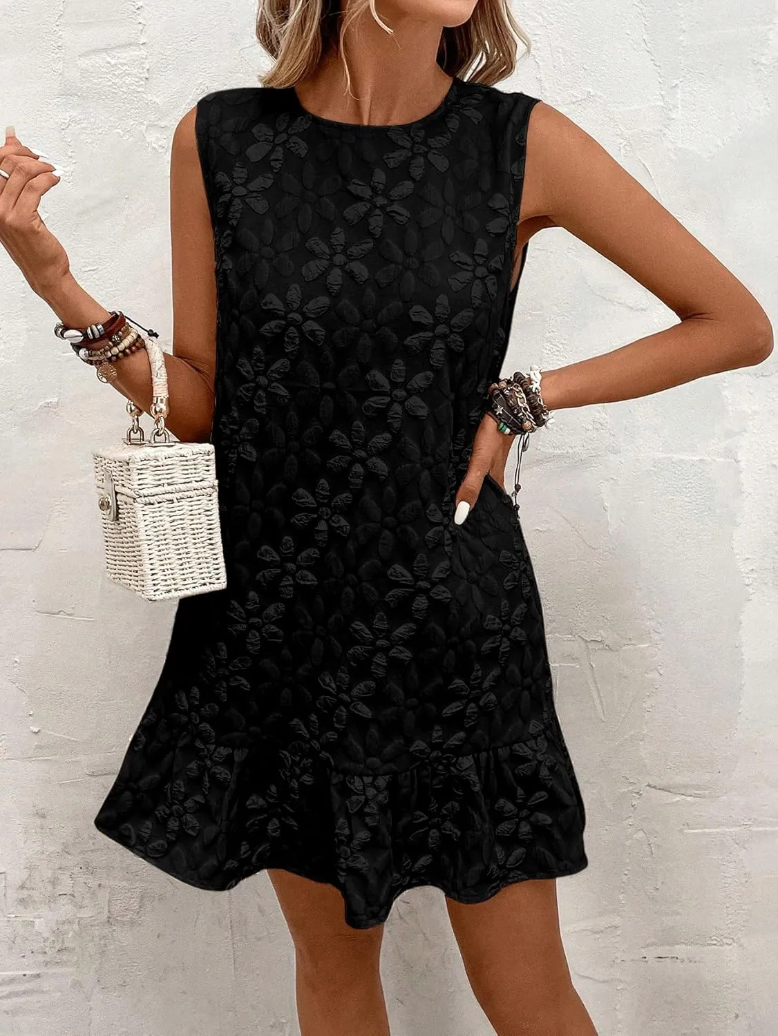 SOLY HUX Women's Ruffle Hem Sleeveless Tank Dress Round Neck Casual Jacquard Hem Smock Summer Mini Dresses