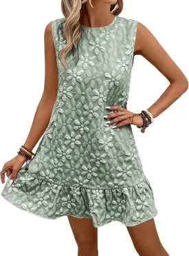 SOLY HUX Women's Ruffle Hem Sleeveless Tank Dress Round Neck Casual Jacquard Hem Smock Summer Mini Dresses