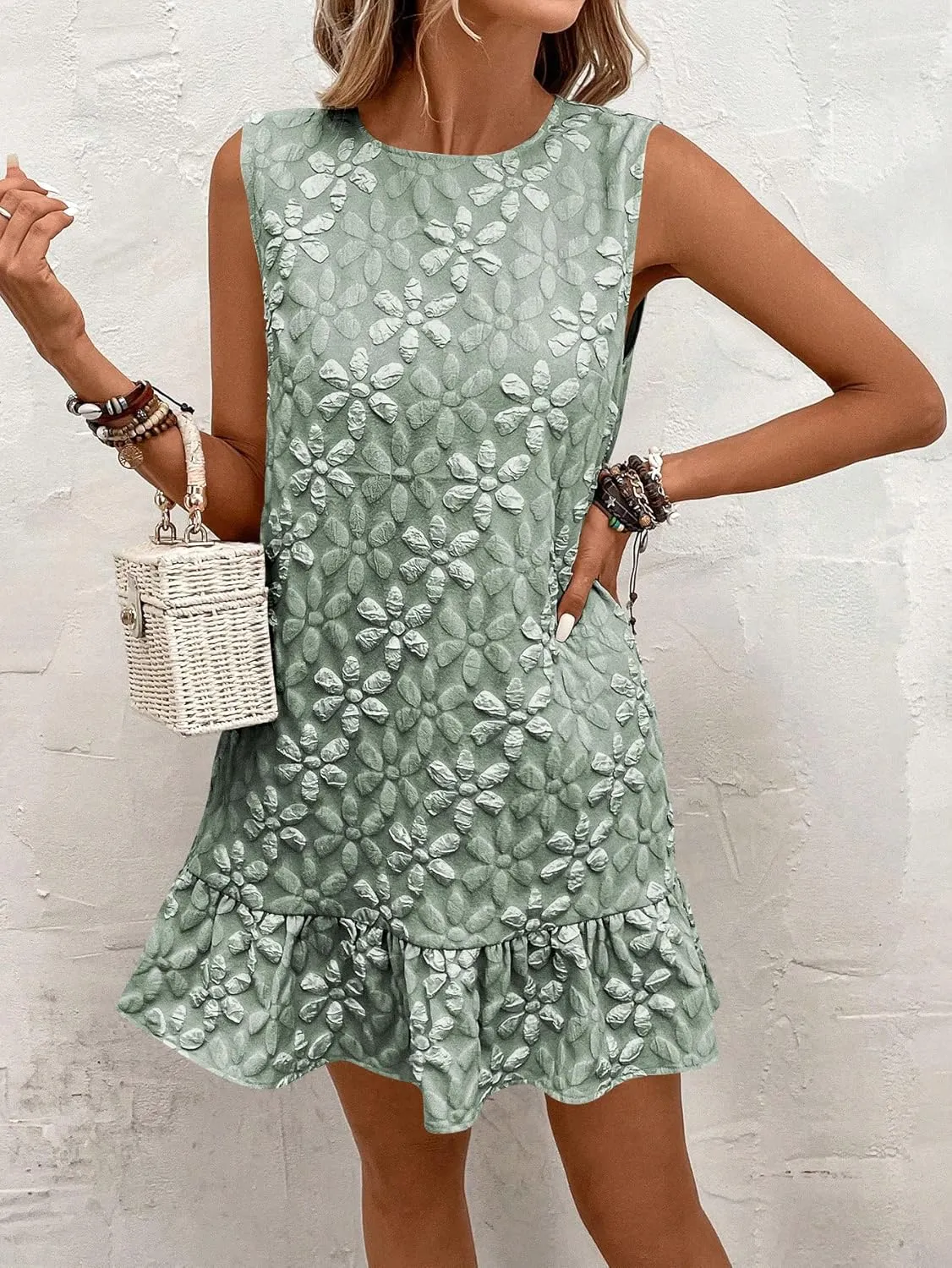 SOLY HUX Women's Ruffle Hem Sleeveless Tank Dress Round Neck Casual Jacquard Hem Smock Summer Mini Dresses