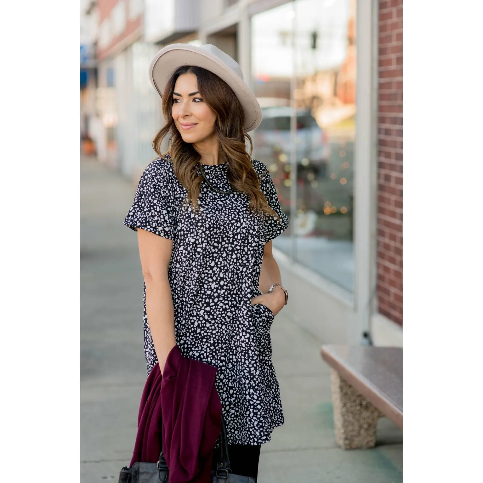 Spotted Pocket Shift Dress