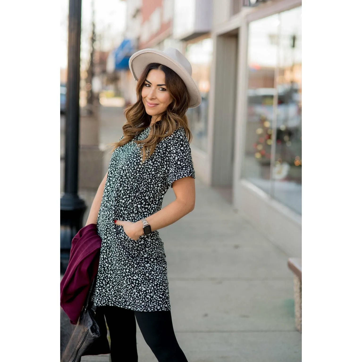 Spotted Pocket Shift Dress