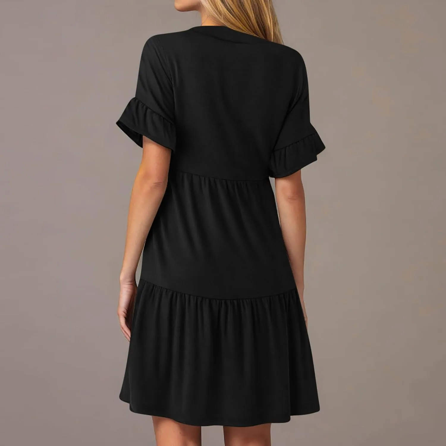 Summer Dresses for Women Casual Ruffle Sleeve Button Down Shirt Dress Tiered Flowy Shift Sundresses with Pockets