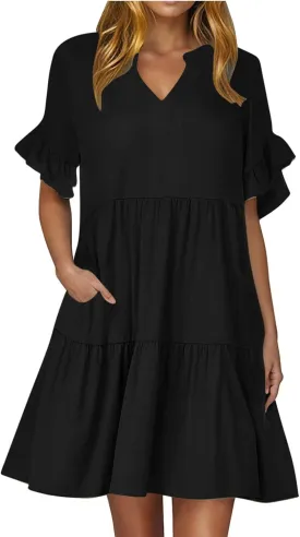 Summer Dresses for Women Casual Ruffle Sleeve Button Down Shirt Dress Tiered Flowy Shift Sundresses with Pockets