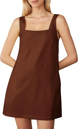 Summer Sleeveless Cotton Linen Mini Dress for Women Casual Square Neck Backless Short Dress Solid Tank Shift Dresses