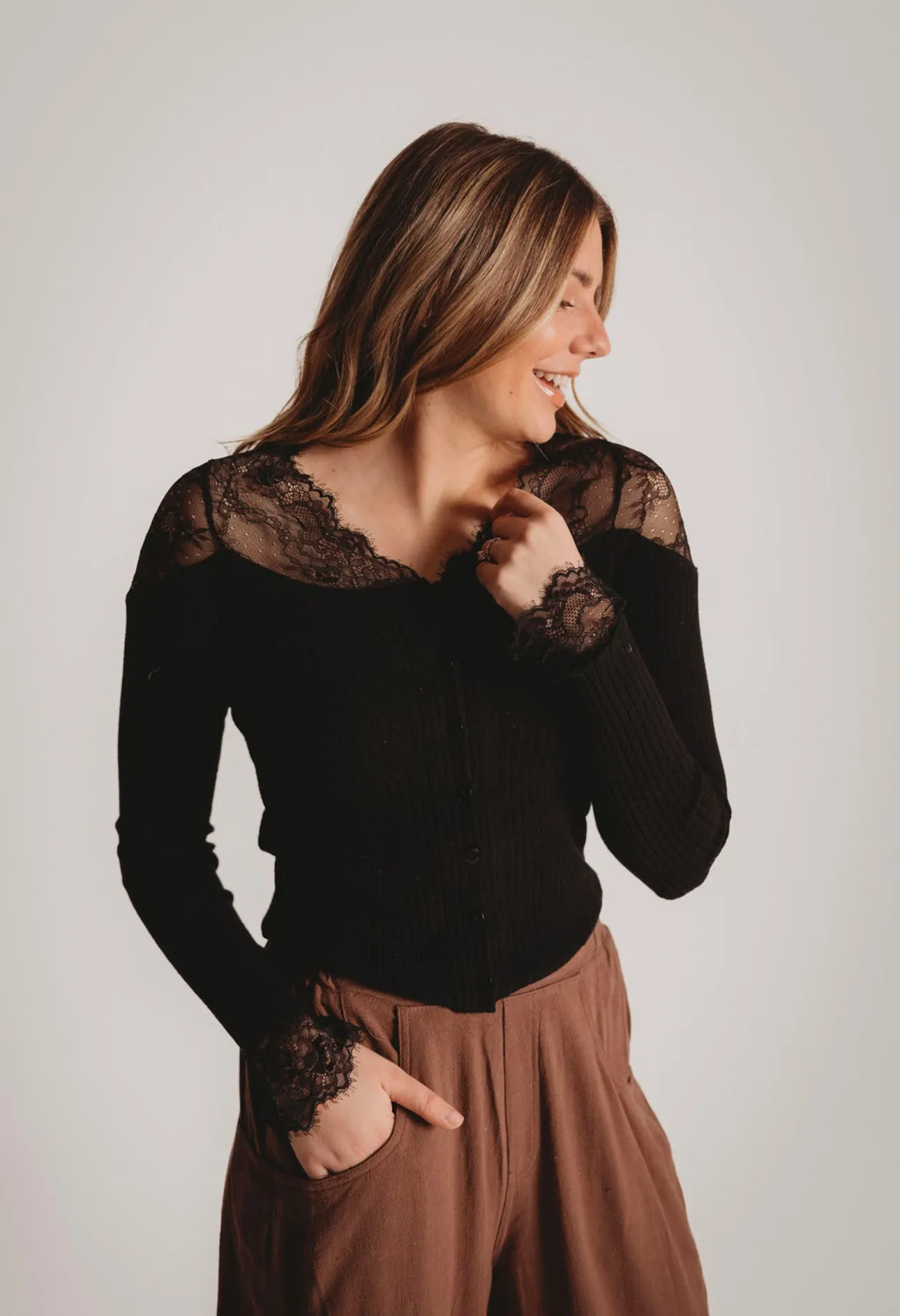 The Lace Trim Button Down Long Sleeve Top