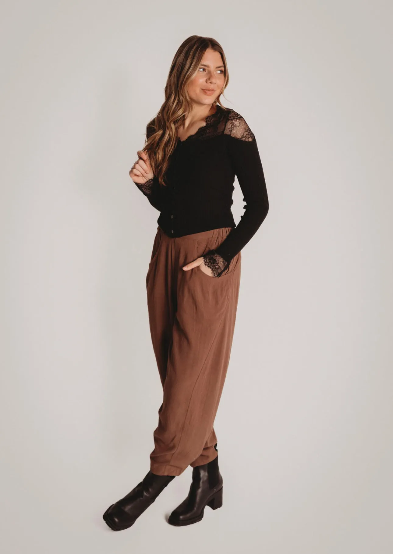 The Lace Trim Button Down Long Sleeve Top