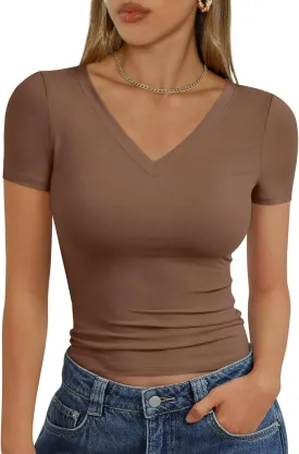 Trendy Queen Womens Basic V Neck Short Sleeve T Shirts Slim Fit Crop Y2k Tee 2025 Summer Cute Gym Fashion Clothes
