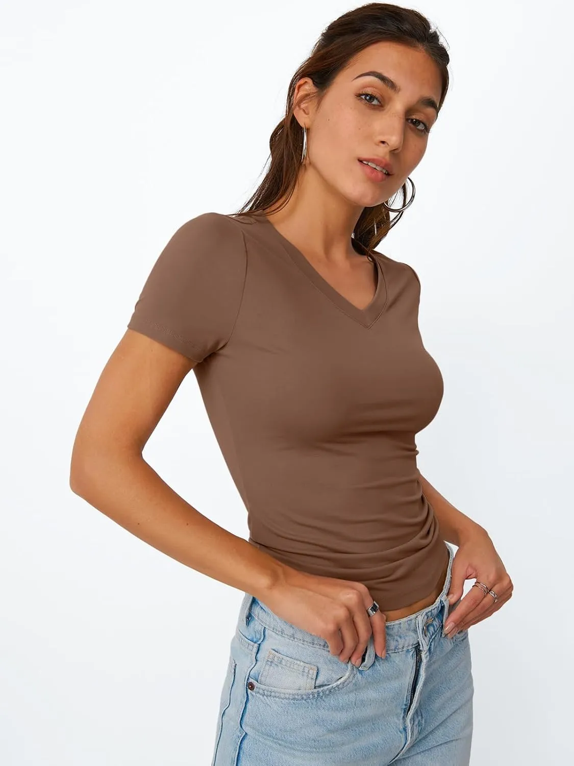 Trendy Queen Womens Basic V Neck Short Sleeve T Shirts Slim Fit Crop Y2k Tee 2025 Summer Cute Gym Fashion Clothes