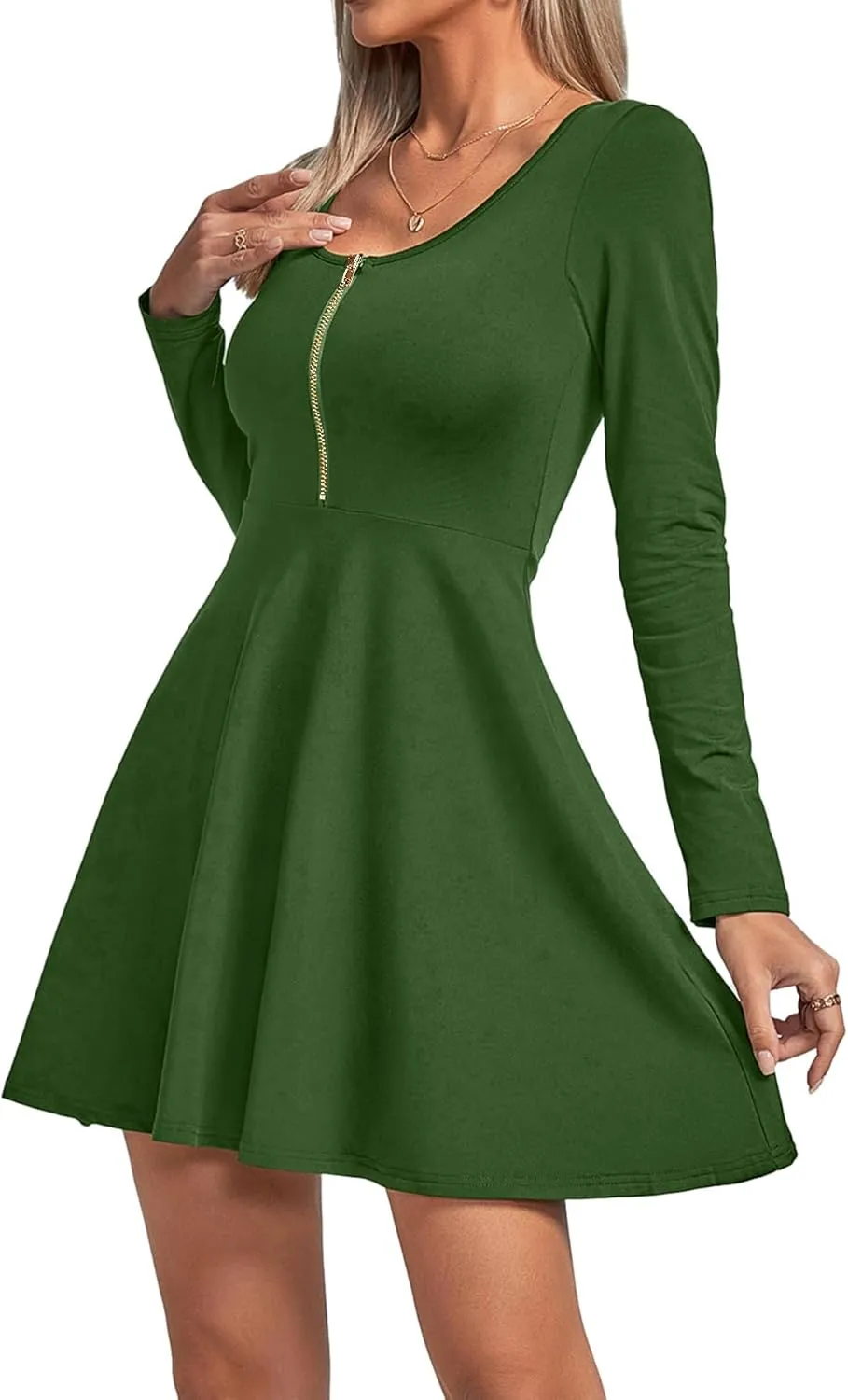 Umenlele Women's Scoop Neck Long Sleeve Dresses Casual Flowy Swing Mini Short Wrap Skater Dress