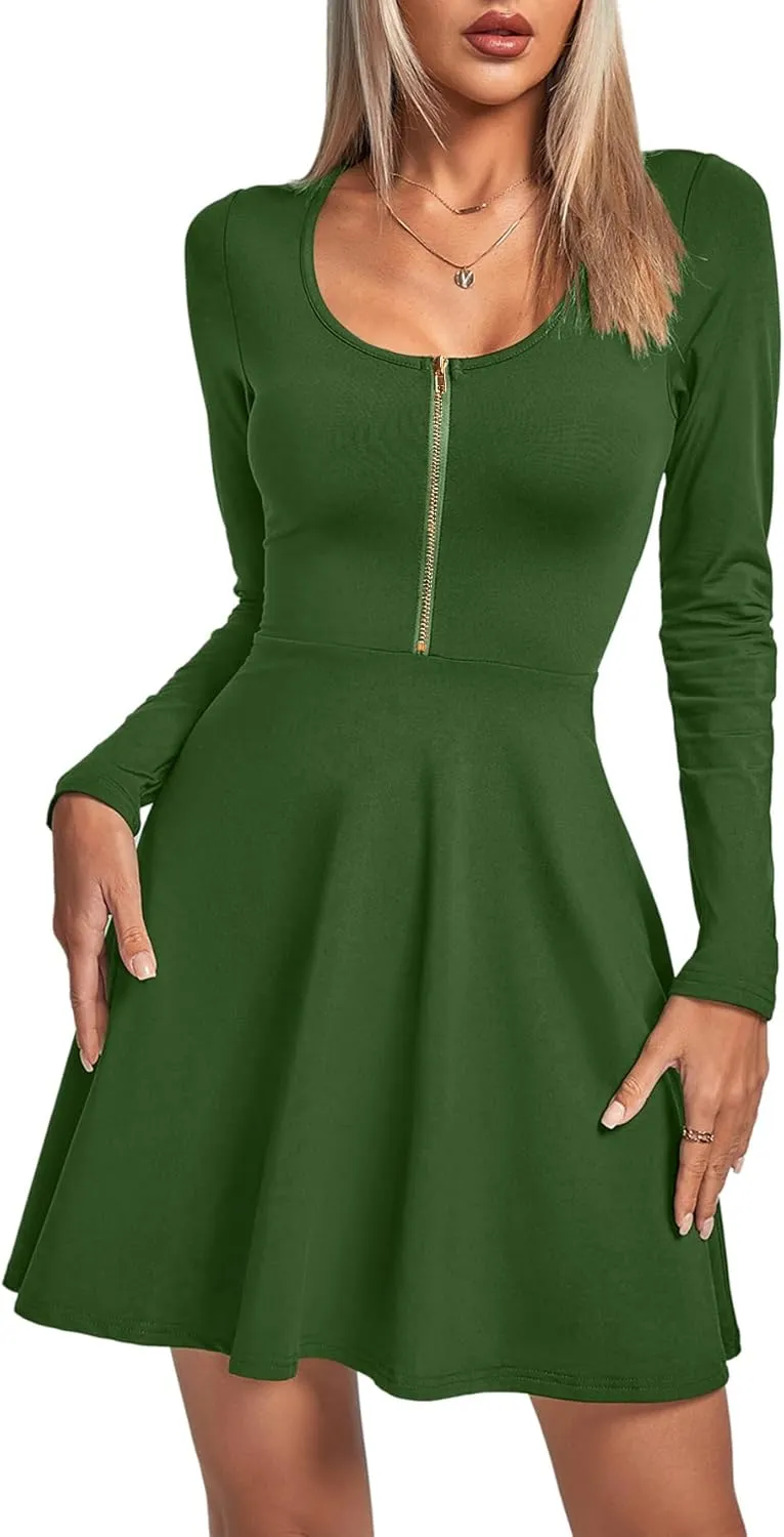 Umenlele Women's Scoop Neck Long Sleeve Dresses Casual Flowy Swing Mini Short Wrap Skater Dress
