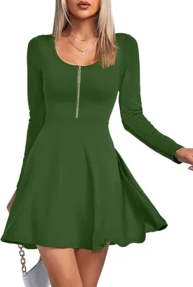 Umenlele Women's Scoop Neck Long Sleeve Dresses Casual Flowy Swing Mini Short Wrap Skater Dress