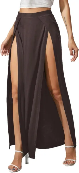 Verdusa Women's Elastic Waist High Split Wrap Flowy Long Maxi Skirt
