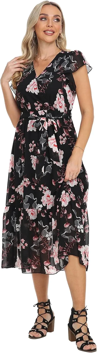 VintageClothing Womens Sundress Casual Floral Summer Boho Dress Flowy Wrap V Neck Ruffle A-Line Pleated Hem Midi Dresses
