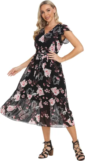 VintageClothing Womens Sundress Casual Floral Summer Boho Dress Flowy Wrap V Neck Ruffle A-Line Pleated Hem Midi Dresses