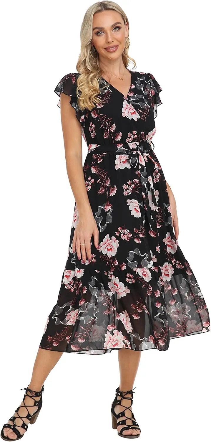 VintageClothing Womens Sundress Casual Floral Summer Boho Dress Flowy Wrap V Neck Ruffle A-Line Pleated Hem Midi Dresses