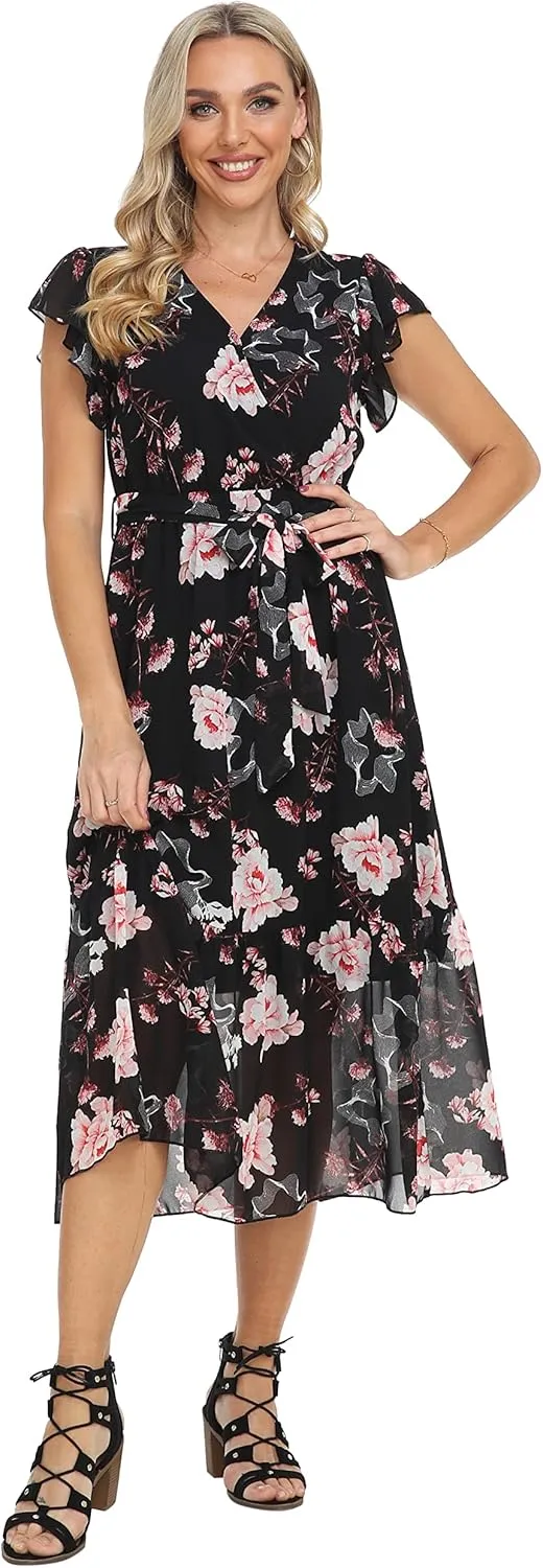 VintageClothing Womens Sundress Casual Floral Summer Boho Dress Flowy Wrap V Neck Ruffle A-Line Pleated Hem Midi Dresses