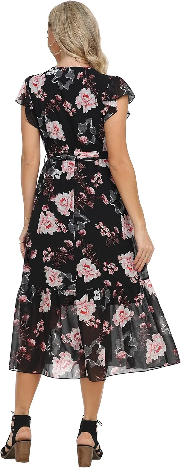 VintageClothing Womens Sundress Casual Floral Summer Boho Dress Flowy Wrap V Neck Ruffle A-Line Pleated Hem Midi Dresses