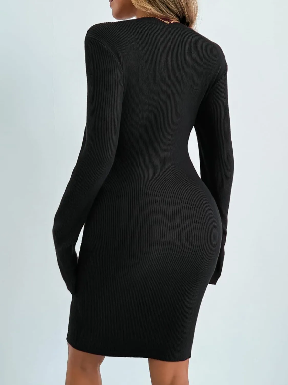 Women Bodycon Mini Dress Boat Neck Long Sleeve Ribbed Knit Solid Slim Fitted Pencil Dresses Basic Tight Casual
