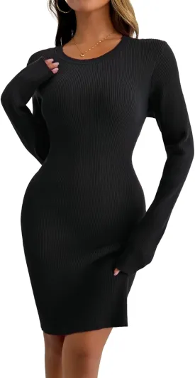 Women Bodycon Mini Dress Boat Neck Long Sleeve Ribbed Knit Solid Slim Fitted Pencil Dresses Basic Tight Casual