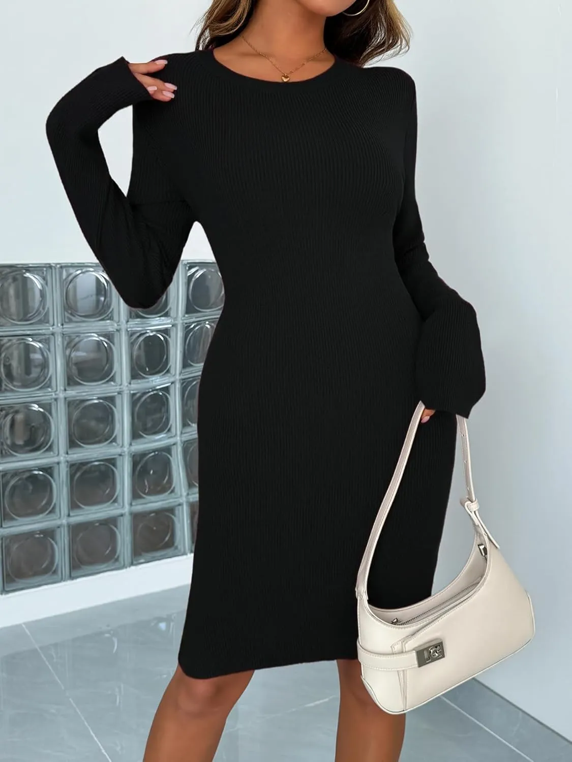 Women Bodycon Mini Dress Boat Neck Long Sleeve Ribbed Knit Solid Slim Fitted Pencil Dresses Basic Tight Casual