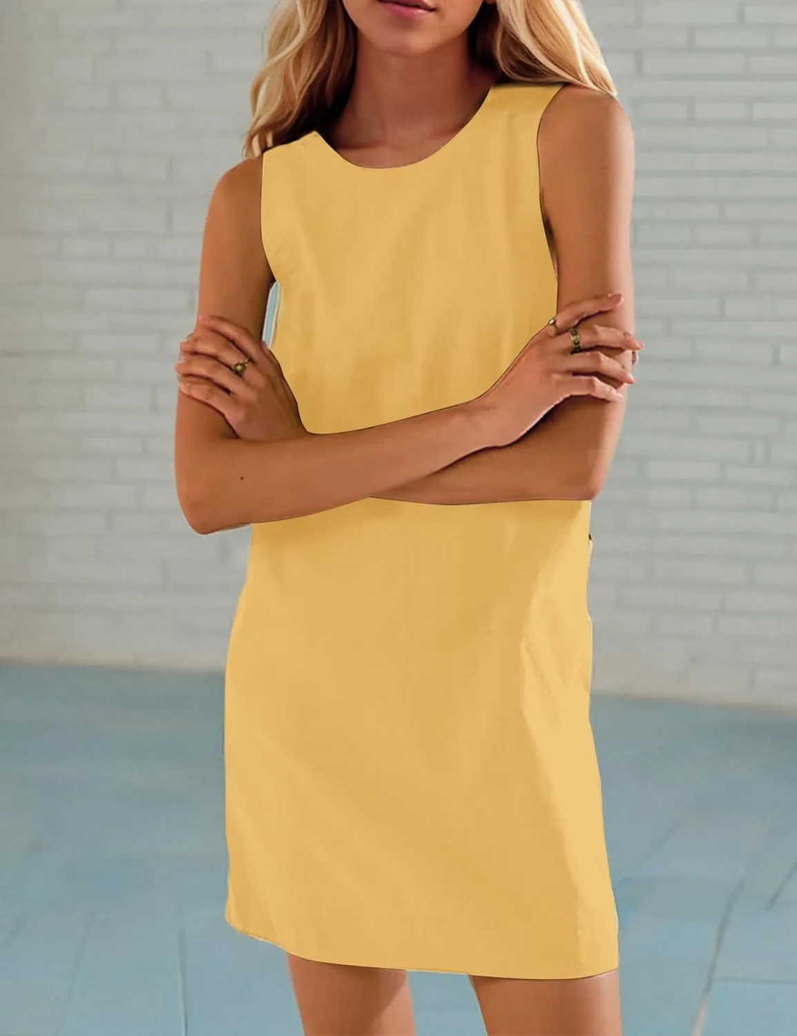 Women Summer Sleeveless Open Back Mini Shift Dress Tunic Scoop Neck Tank Short Cotton Linen Dress Casual Beach Dress