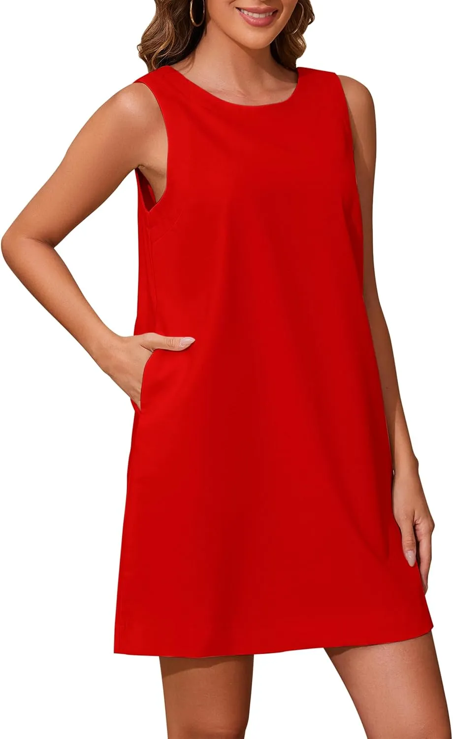 Women Summer Sleeveless Open Back Mini Shift Dress Tunic Scoop Neck Tank Short Cotton Linen Dress Casual Beach Dress