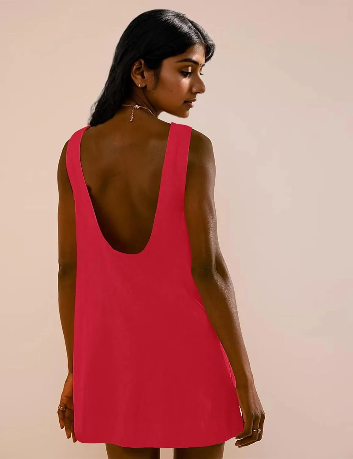 Women Summer Sleeveless Open Back Mini Shift Dress Tunic Scoop Neck Tank Short Cotton Linen Dress Casual Beach Dress