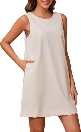 Women Summer Sleeveless Open Back Mini Shift Dress Tunic Scoop Neck Tank Short Cotton Linen Dress Casual Beach Dress