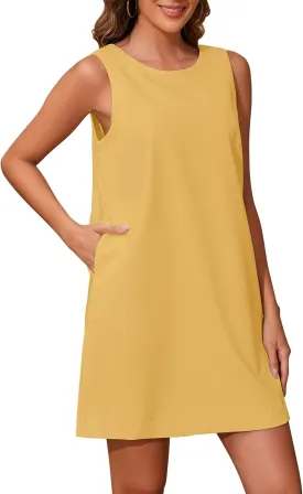 Women Summer Sleeveless Open Back Mini Shift Dress Tunic Scoop Neck Tank Short Cotton Linen Dress Casual Beach Dress