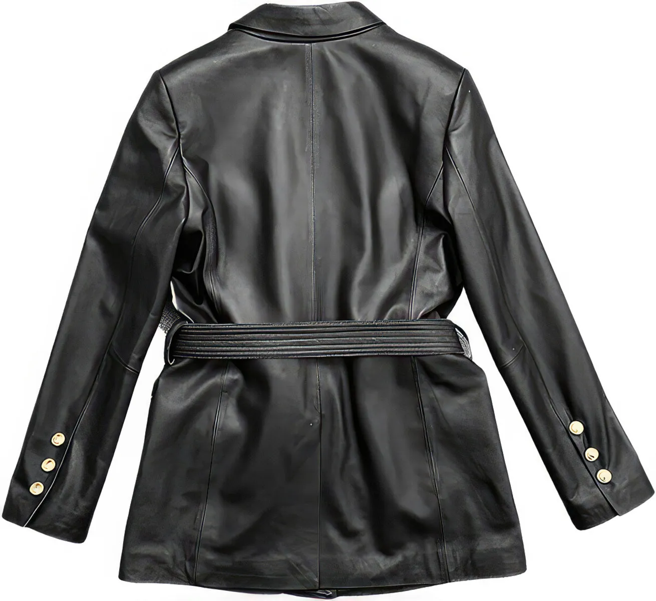 Women’s Black Genuine Sheepskin Single Breasted Casual Multi-Pockets Fashion Motorcycle Belted Leather Jacket