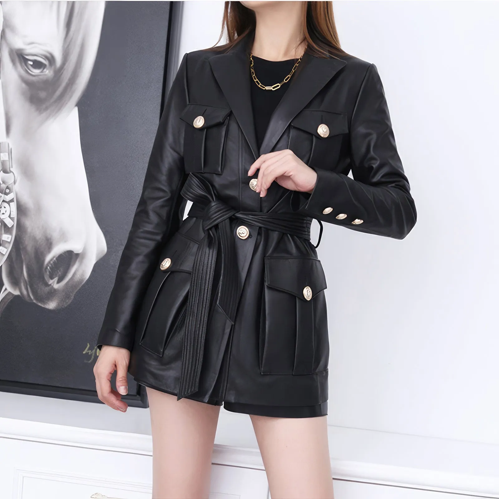 Women’s Black Genuine Sheepskin Single Breasted Casual Multi-Pockets Fashion Motorcycle Belted Leather Jacket