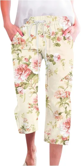 Womens Boho Floral Print Pants Casual Loose Fit Drawstring High Waist Capris Straight Leg Beach Cropped Trousers