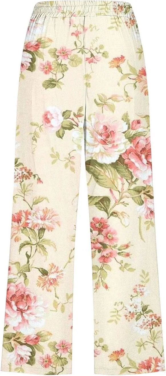 Womens Boho Floral Print Pants Casual Loose Fit Drawstring High Waist Capris Straight Leg Beach Cropped Trousers