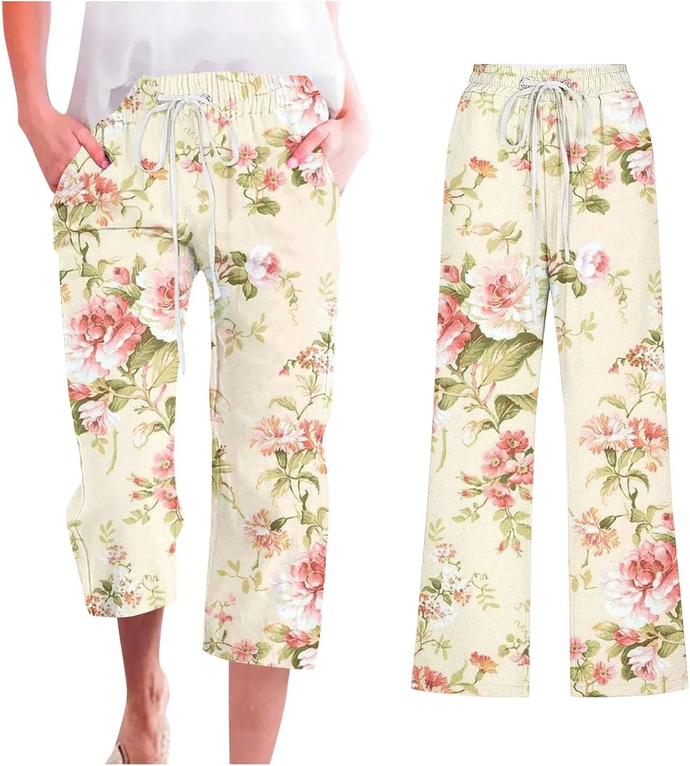 Womens Boho Floral Print Pants Casual Loose Fit Drawstring High Waist Capris Straight Leg Beach Cropped Trousers